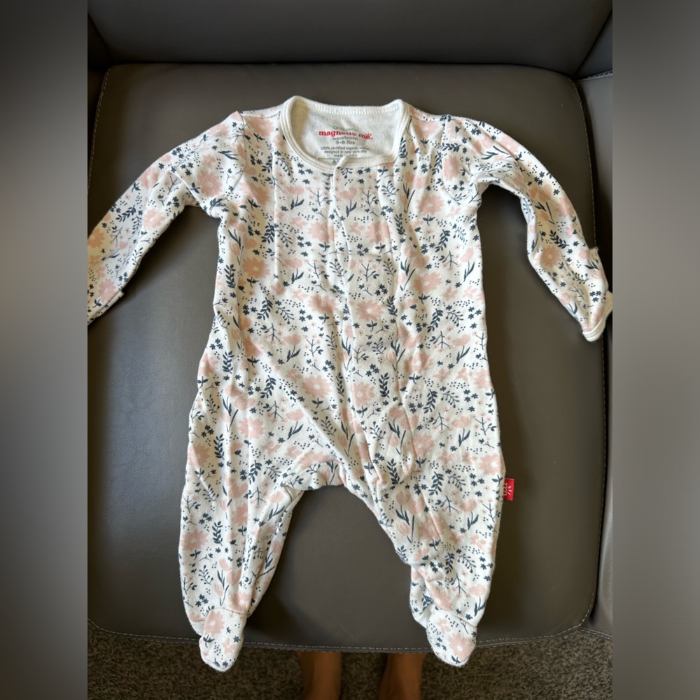 Pink Floral MagneticMe Onesie - organic cotton fabric - Newborn 5-8lbs